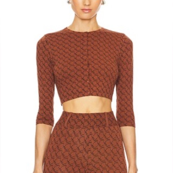 MIAOU Frida Cardigan in Brown Monogram Cropped Button Down Logo Large - Picture 1 of 9
